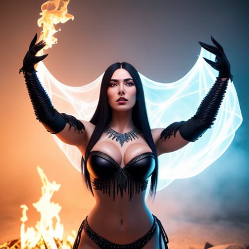  beautiful sorceress with long black hair wearing a chain mail bikini casting a spell standing with her hands above a bubbling cauldron, her face illuminated by the glow of the fire. good skin, clear eyes, smart hair, soft focus, depth of field, 8k photo, hdr, professional lighting, taken with canon eos r5, 75mm lens, low angle shot hyperrealistic, full body, detailed clothing, highly detailed, cinematic lighting, stunningly beautiful, intricate, sharp focus, f/1. 8, 85mm, (centered image composition), (professionally color graded), ((bright soft diffused light)), volumetric fog, trending on instagram, trending on tumblr, HDR 4K, 8K