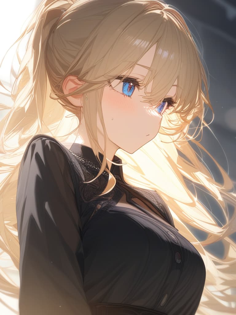  blonde, blue eyes, black dress, cool, masterpiece, best quality,8k,ultra detailed,high resolution,an extremely delicate and beautiful,hyper detail