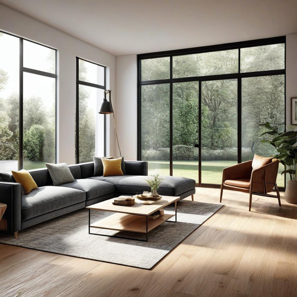  create a photorealistic rendering of a living room with a wooden floor, featuring a modern sofa placed near a large window. the room should feel cozy and inviting, with natural light streaming in from the window onto the warm wooden flooring.