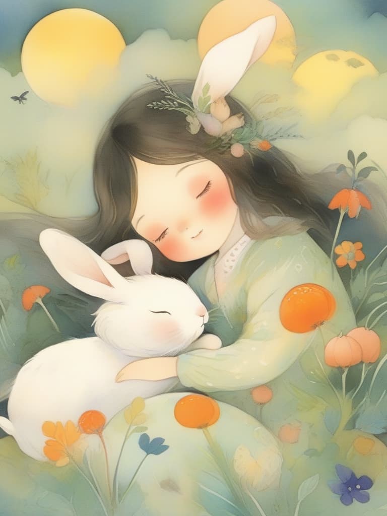  best masterpieces, solo, very cute rabbits, (((sleeping))), carrot pillows, gentle colors, fairy tale style, full moon, super delicate