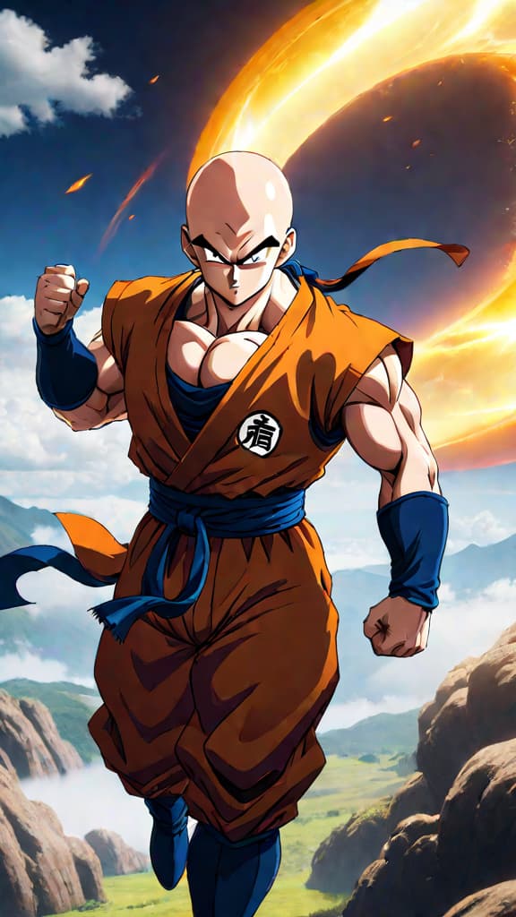  anime art: tien shinhan's training with master shen unlocks human flight in dragon ball. hyperrealistic, full body, detailed clothing, highly detailed, cinematic lighting, stunningly beautiful, intricate, sharp focus, f/1. 8, 85mm, (centered image composition), (professionally color graded), ((bright soft diffused light)), volumetric fog, trending on instagram, trending on tumblr, HDR 4K, 8K