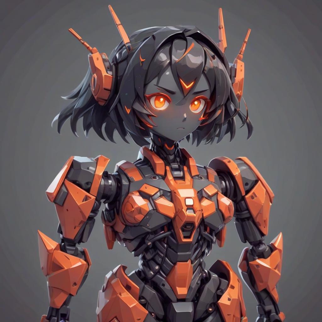  low poly style robot girl, red metal body, orange eyes, black hair . low poly game art, polygon mesh, jagged, blocky, wireframe edges, centered composition