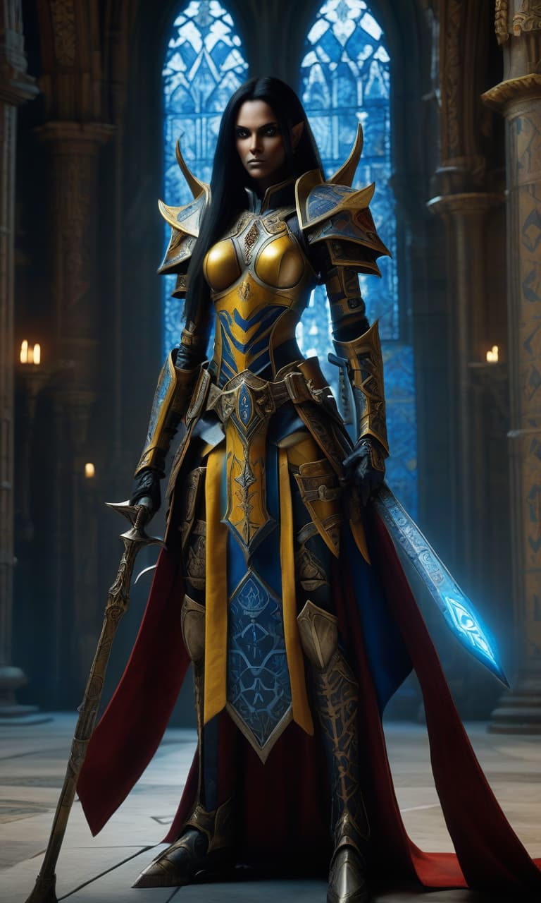  a warhammer 40000 eldar farseer female character in bone armor stands confidently with a spear in hand. the armor features black and yellow, with intricate patterns, red gemstones, runes glowing blue. the character has a determined expression, long hair, and pointed elven ears the background is a catholic cathedral at dusk.