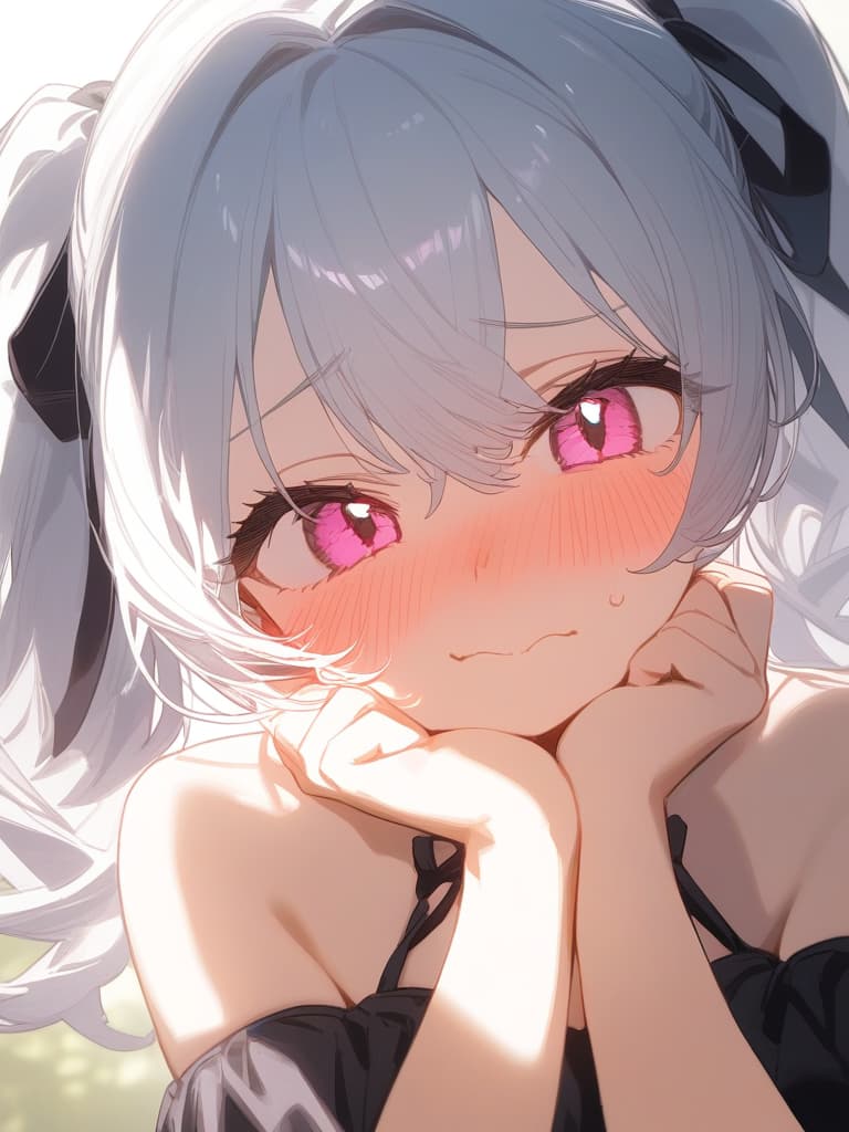  ((cute,girl,beautiful girl,embarrassed face,hands pressed tightly against cheeks,plump cheeks,cute,blushing,pink eyes,white hair,twin tails,black ribbon,girly))、ultra detailed,best shadow,cute and beautiful face,(masterpiece:1.2),(best quality:1.2),detailed background,high contrast,(best illumination,an extremely delicate and beautiful),((cinematic light)),hyper detail,dramatic light,intricate details,8k,anime,very aesthetic