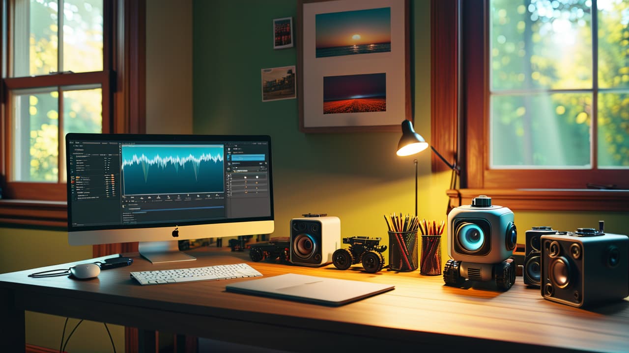  a vibrant home workspace with a diverse array of robotics kits, tools, and components scattered across a wooden desk, illuminated by warm sunlight streaming through a window, inspiring an atmosphere of creativity and innovation. hyperrealistic, full body, detailed clothing, highly detailed, cinematic lighting, stunningly beautiful, intricate, sharp focus, f/1. 8, 85mm, (centered image composition), (professionally color graded), ((bright soft diffused light)), volumetric fog, trending on instagram, trending on tumblr, HDR 4K, 8K