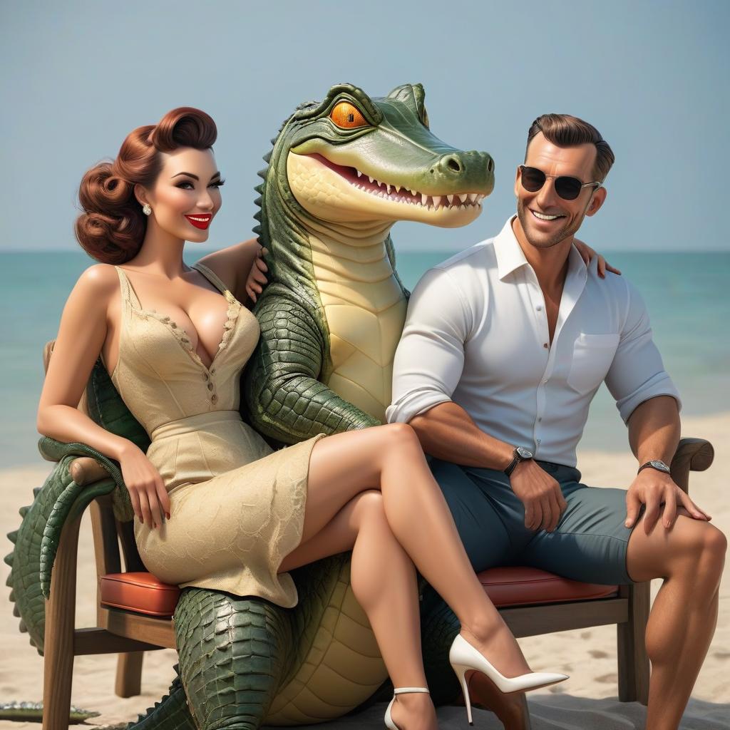  husband and wife love crocodiles they are cute and very similar to people, happy, smiling and lying hugging on a chair by the sea in the style of pin up hyperrealistic, full body, detailed clothing, highly detailed, cinematic lighting, stunningly beautiful, intricate, sharp focus, f/1. 8, 85mm, (centered image composition), (professionally color graded), ((bright soft diffused light)), volumetric fog, trending on instagram, trending on tumblr, HDR 4K, 8K