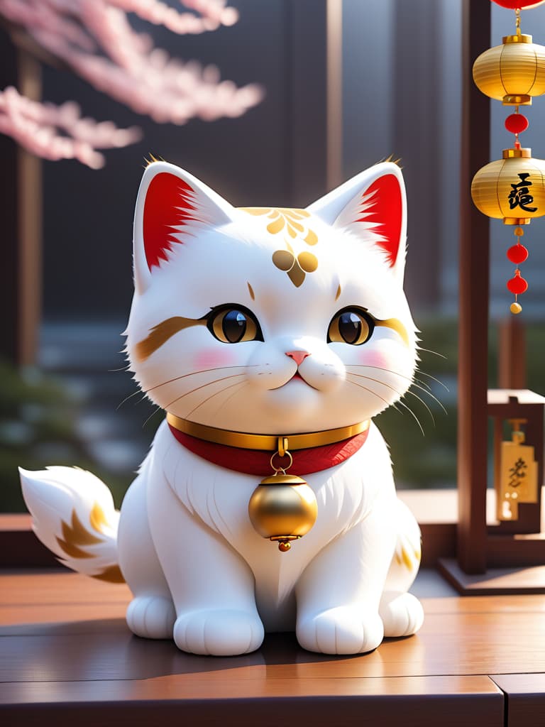  "a charming maneki neko (lucky cat) sitting on a wooden counter, its paw raised in a beckoning gesture, symbolizing wealth and prosperity. the cat is adorned with a golden bell and a red collar, with shiny gold coins scattered around its base. the maneki neko's fur gleams in soft light, and its expression is joyful and welcoming. behind it, traditional japanese decor with lanterns and cherry blossoms adds a warm, festive atmosphere. the overall scene exudes a sense of luck, financial success, and happiness, radiating positive energy and abundance."