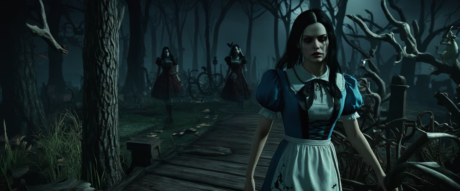  horror themed alice: madness returns, looking at the camera, full body, realistic photo, high detail, high quality, 8k, erotica. . eerie, unsettling, dark, spooky, suspenseful, grim, highly detailed