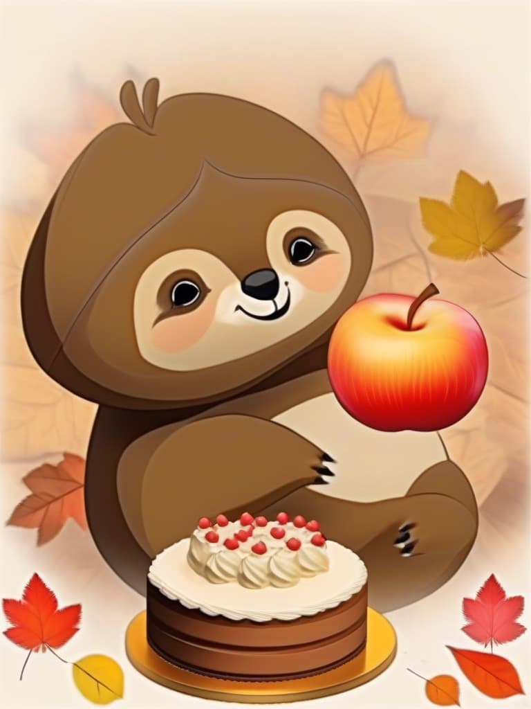  masterpiece! one sloth,smiling face,big mont blanc cake,gs,apples,autumn leaves,high quality,16k