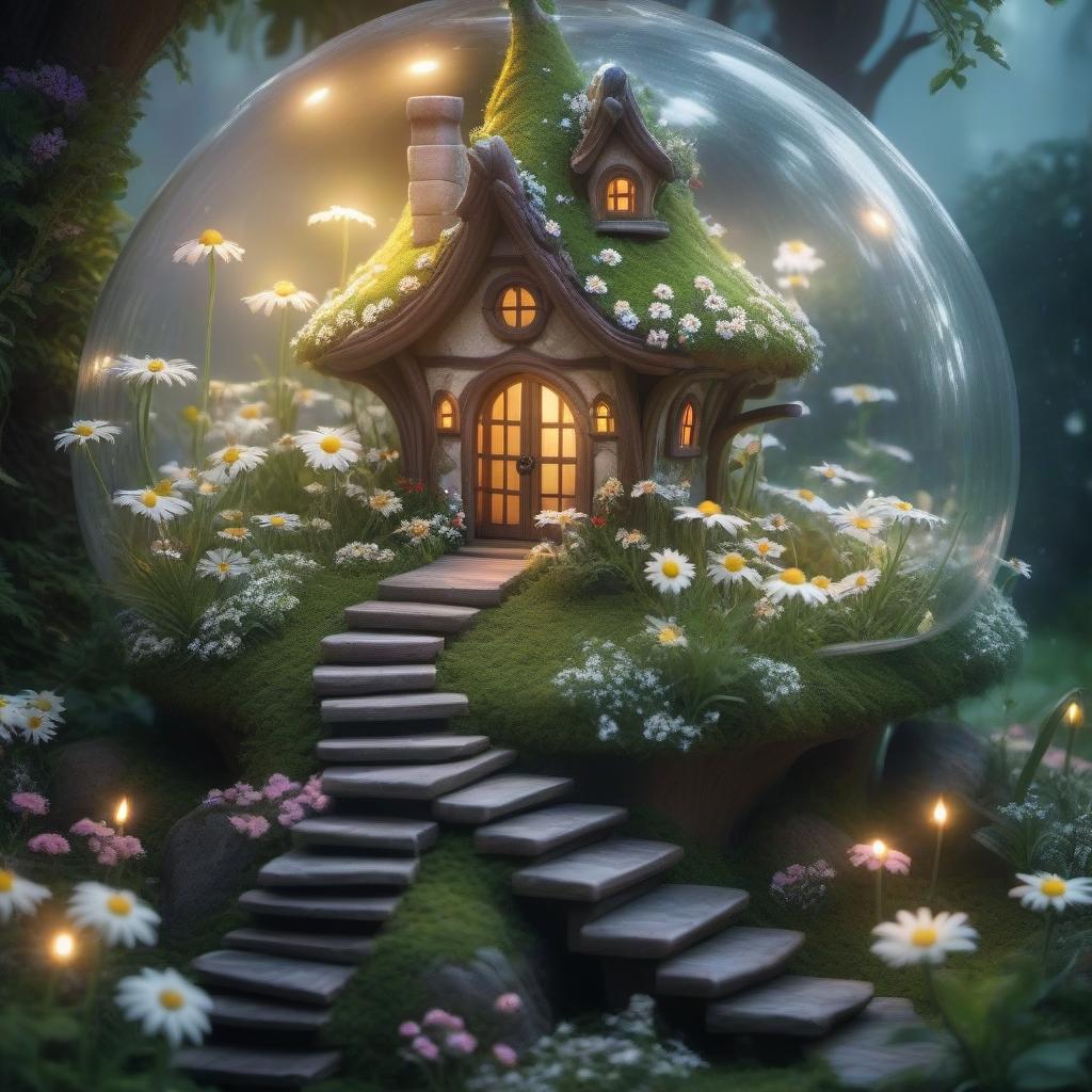  Fairy-tale elf house surrounded by a garden with daisies hyperrealistic, full body, detailed clothing, highly detailed, cinematic lighting, stunningly beautiful, intricate, sharp focus, f/1. 8, 85mm, (centered image composition), (professionally color graded), ((bright soft diffused light)), volumetric fog, trending on instagram, trending on tumblr, HDR 4K, 8K