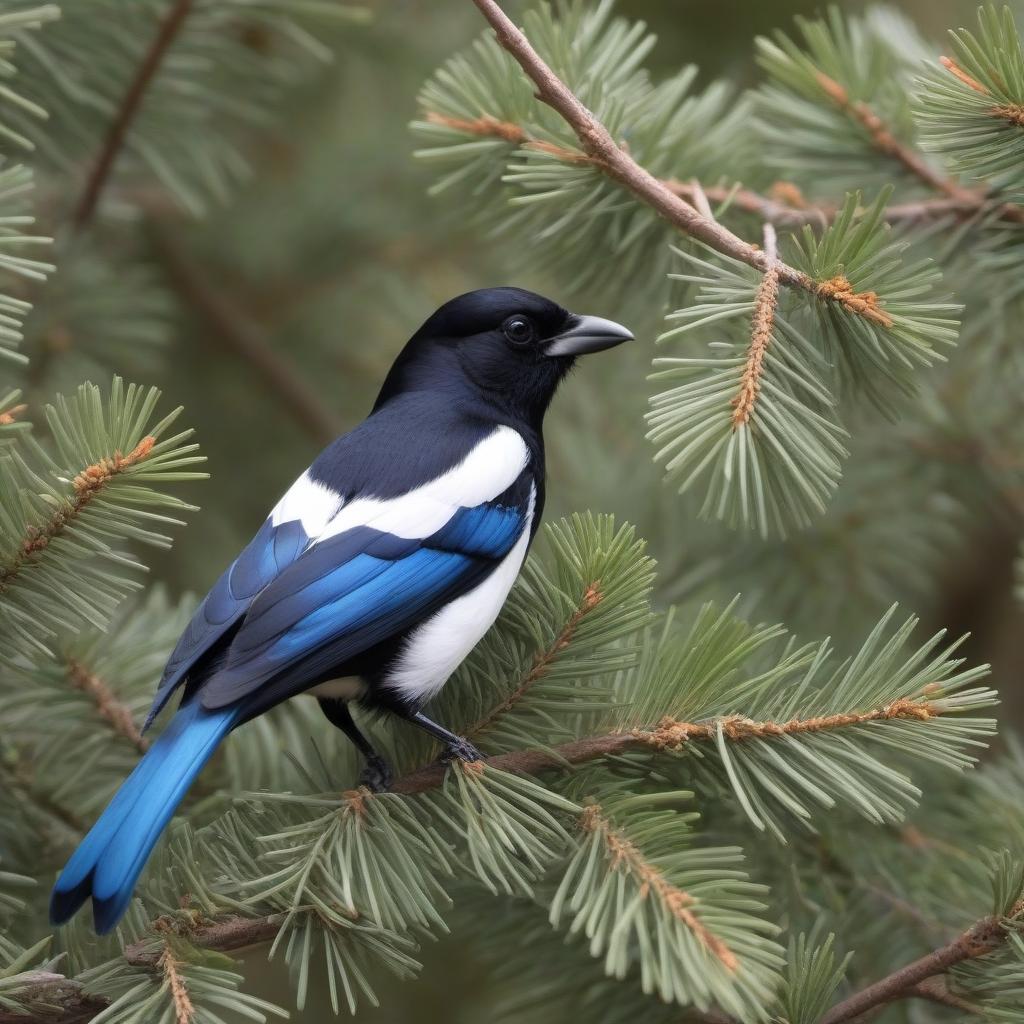  A magpie in sneakers is sitting on a pine branch