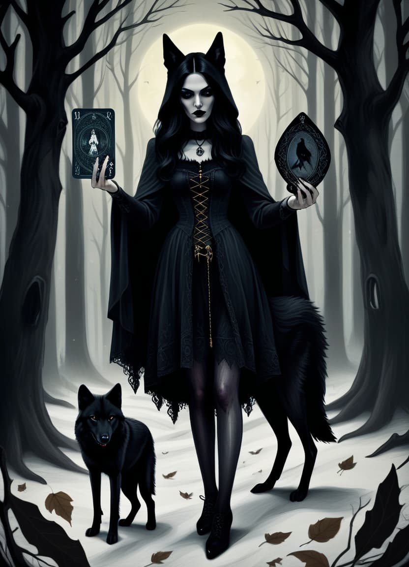  macabre style draw her as a witch in the old woods with a familiar in the form of a black wolf, and in her hands is a tarot card . dark, gothic, grim, haunting, highly detailed