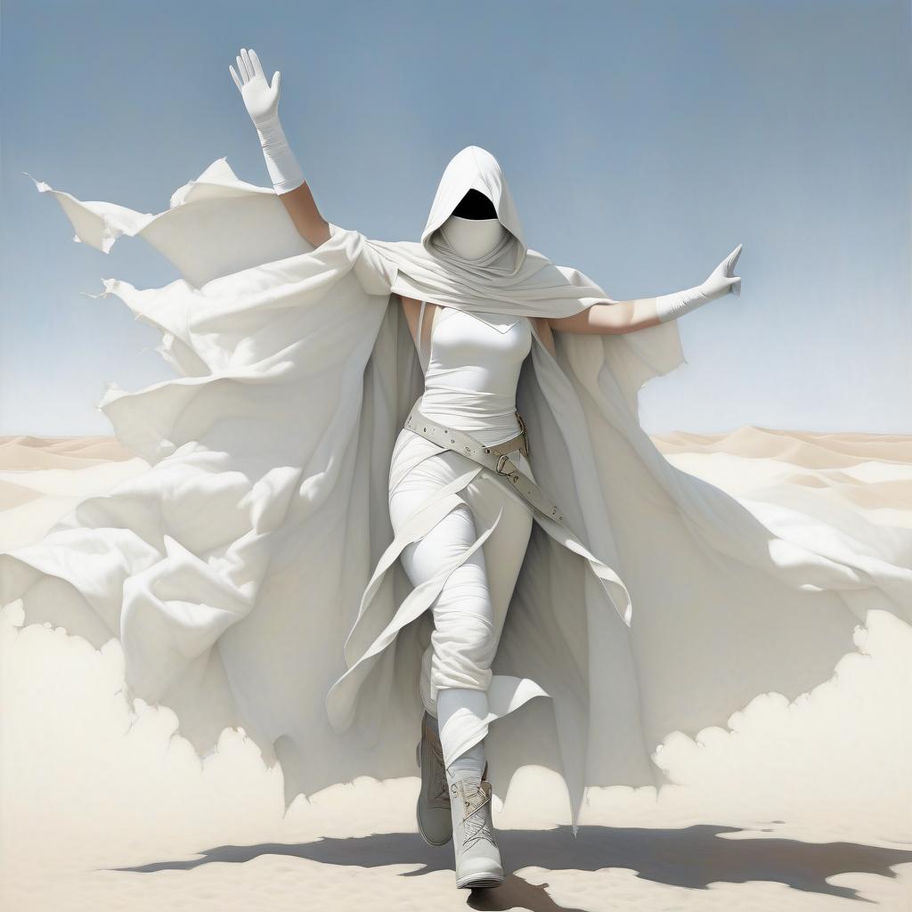  a very thin girl with a black spot instead of a face, with a white scarf on the lower part of her face, in a white reap suit of white bandages, in white gloves with natural fingers, in a white ragged cloak, with large round holes throughout the area of the cloak, in laced grey shoes. hands up. a pointed hood. large square silver buckles. three wide belts on the belt. gray laced shoes.