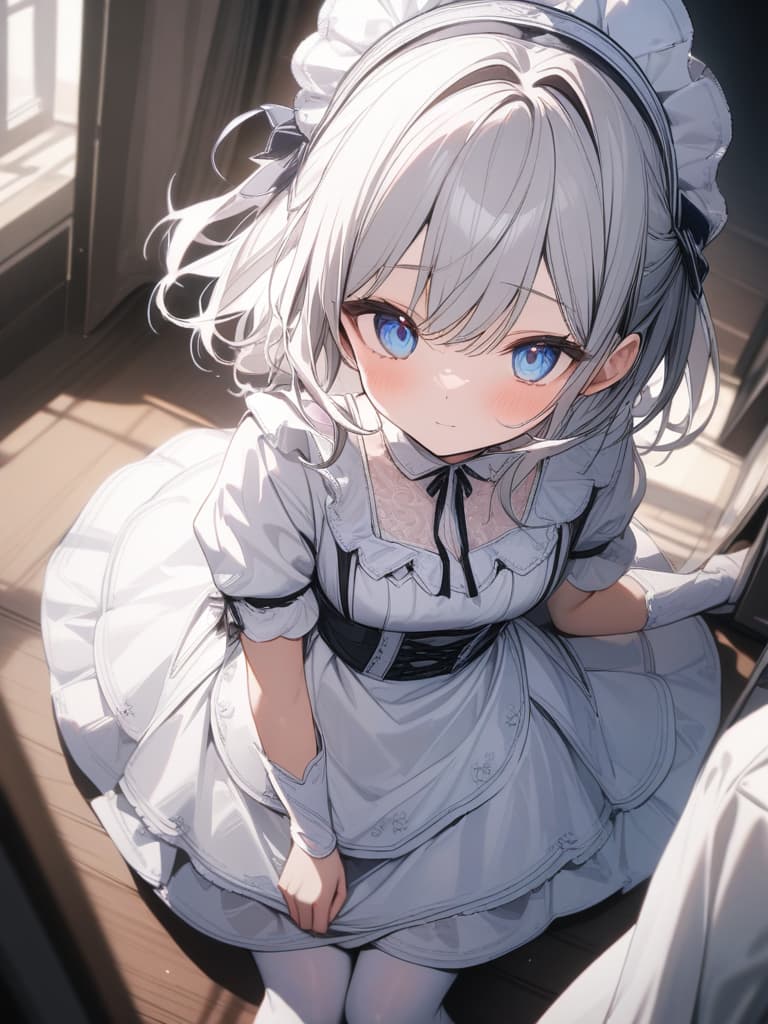  big s, silver hair, blue eyes, white maid, white headdress, beautiful , cute, white tights, short hair, front, masterpiece, best quality,8k,ultra detailed,high resolution,an extremely delicate and beautiful,hyper detail