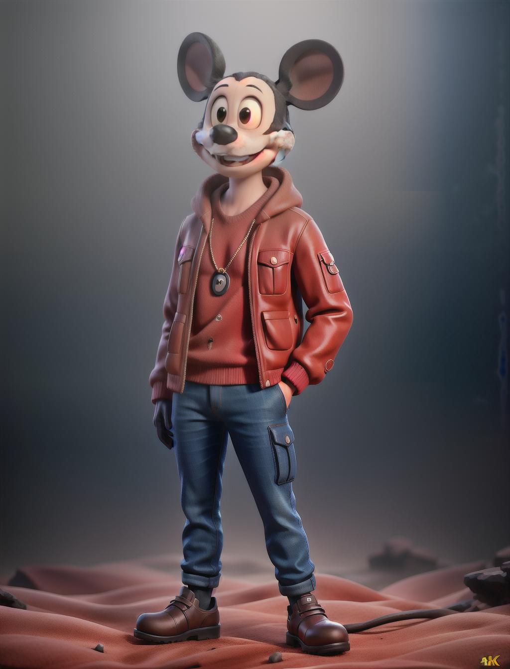  Mickey mouse hyperrealistic, full body, detailed clothing, highly detailed, cinematic lighting, stunningly beautiful, intricate, sharp focus, f/1. 8, 85mm, (centered image composition), (professionally color graded), ((bright soft diffused light)), volumetric fog, trending on instagram, trending on tumblr, HDR 4K, 8K