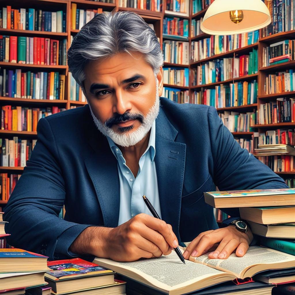  give me a picture of a man in his 50s who is surrounded by books of poetry. in the middle of the picture , i want the folwoing words: dr. nabil is the best poetry professor of all times., award winning, professional, highly detailed, masterpiece