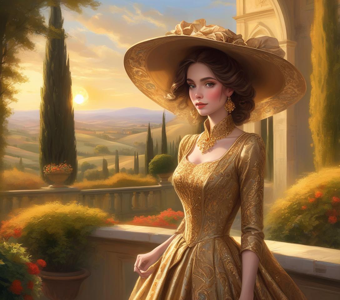  an elegant woman in a wide brimmed hat and ornate dress stands before a golden tuscan landscape at sunset majestic italian noblewoman, detailed eyes, proud countenance, flowing dark hat, captivating gaze, ornate clothing, elaborate accessories, billowing scarves, theatrical presence, twilight in tuscany, undulating landscapes, iconic cypress groves, rich golden sunrays, luxurious textures, fine details, vibrant colors, italian elegance, skilled brushwork, enchanting atmosphere, high resolution digital painting.