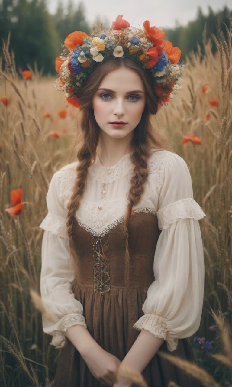  cinematic film still highly detailed image with double exposure and overlay of textures and layers. distant background. very beautiful. background: light patterns of ukrainian embroidery, wheat ears, poppy flowers and cornflowers. ukrainian girl. dressed in national clothes, brown hair, a ukrainian wreath on her head: poppies, cornflowers. fine magic patterns: frame, vignette. stylistics: neo rococo, ukrainian baroque, fantasy abstraction, surrealism. in the manner of andrei kotsky, eugene gapchinskaya, katerina belokur, andrew jones, fragonard, jacek yerki, mark kitley, durer. high quality, bright colors. hdr. lots of details. . shallow depth of field, vignette, highly detailed, high budget, bokeh, cinemascope, moody, epic, gorgeous, film 