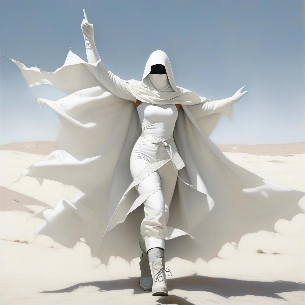  a very thin girl with a black spot instead of a face, with a white scarf on the lower part of her face, in a white reap suit of white bandages, in white sleeves, in white gloves with natural fingers, in a white ragged cloak, with large round holes throughout the area of the cloak, in laced grey shoes. hands up. a pointed hood. large square silver buckles. three wide belts on the belt. gray laced shoes.