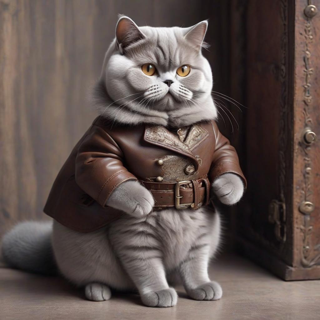  cat. wool of the color of the breed british shorthair (i have a long coat) wide dark pants with a leather belt with a large silver plaque, brown shabby doublet with a fur coat, fur boots similar to boots