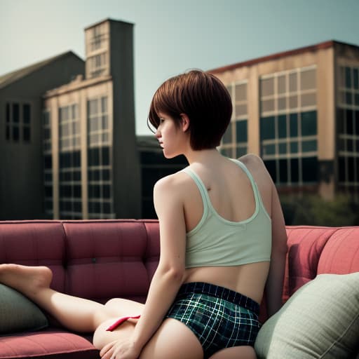  Color, Atmosphere dim, blurry back, girl short haired, in plaid boxers, lounging furniture, tank top, creepy building, bright heart logo