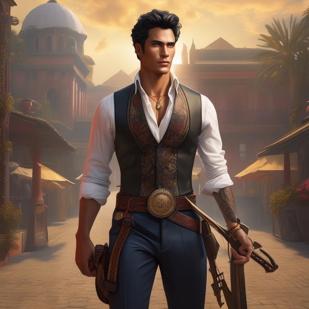  a mysterious guy, he is attractive, above average height, with an athletic build and a well groomed appearance: a shaved face, an expressive nose and slightly curly black hair. his confident movements and a sly smile make his gaze piercing, especially his yellow eyes he wears a white shirt and a sand colored leather vest, and on his left wrist he has a mysterious tattoo of the sun. his image is completed by a black boater hat and dark blue trousers with an expensive belt. on his back he has a family crossbow, and next to him always walks a red cat hephaestus, with whom he seems to communicate, the style is dark fantasy 80s hyperrealistic, full body, detailed clothing, highly detailed, cinematic lighting, stunningly beautiful, intricate, sharp focus, f/1. 8, 85mm, (centered image composition), (professionally color graded), ((bright soft diffused light)), volumetric fog, trending on instagram, trending on tumblr, HDR 4K, 8K