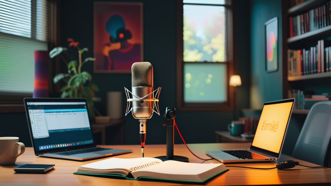  a cozy podcast studio with a microphone, headphones, soundboard, and colorful acoustic panels. a laptop displays audio editing software, while a notepad with scribbles lies next to a steaming coffee cup, creating an inviting atmosphere. hyperrealistic, full body, detailed clothing, highly detailed, cinematic lighting, stunningly beautiful, intricate, sharp focus, f/1. 8, 85mm, (centered image composition), (professionally color graded), ((bright soft diffused light)), volumetric fog, trending on instagram, trending on tumblr, HDR 4K, 8K