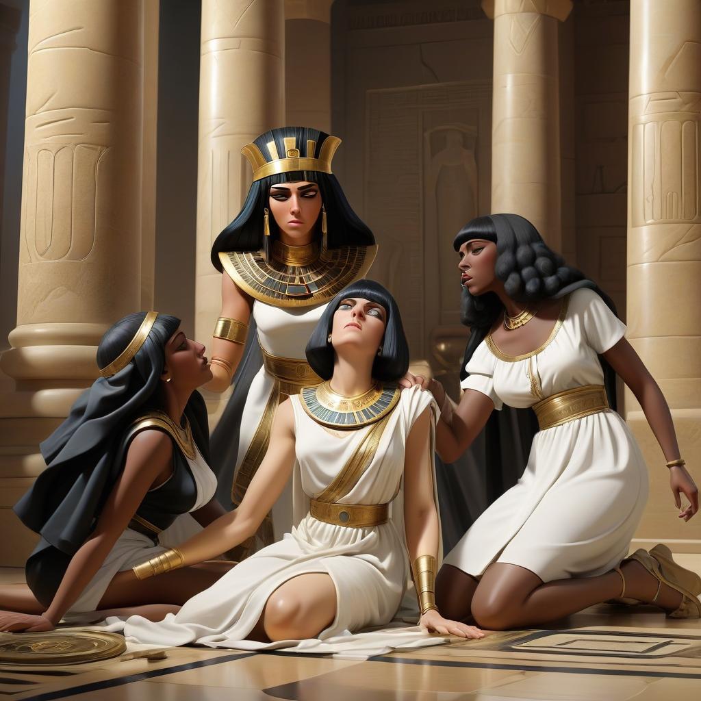  cleopatra fainted and lay unconscious on the floor, and two black maids bent over her and try to bring her to her senses.