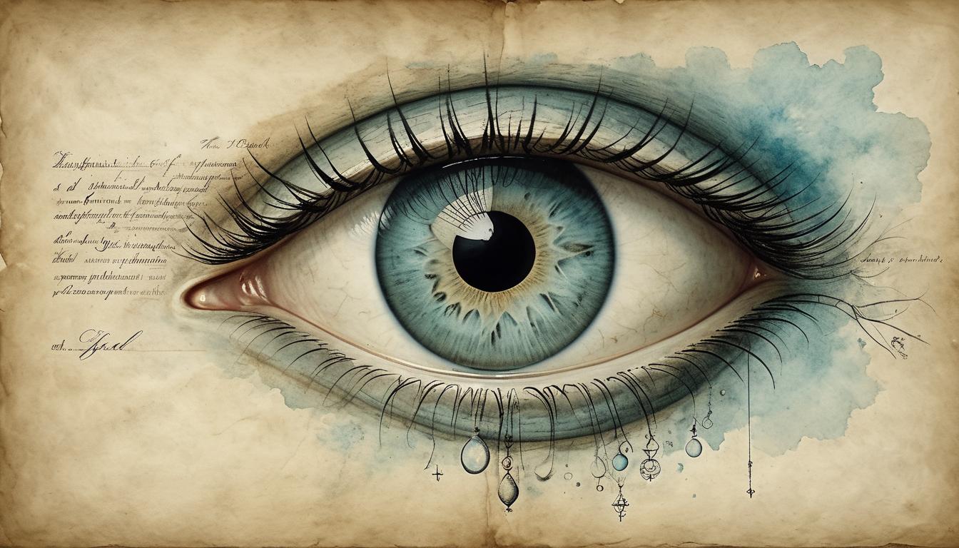  on parchment, surrealism+++, a human eye with an additional ethereal layer above it, the new layer shimmering and faint, suggesting heightened vision, soft illumination, otherworldly, introspective(mysterious, provocative, symbolic,muted color)+++