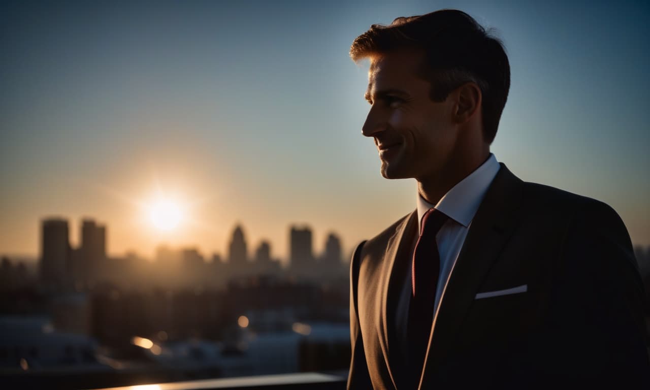  cinematic film still sunrise in the background, a piece of sun is visible, in the foreground is a man in a suit on the side, the face is illuminated by a searchlight in the front, slightly smiles, close up face, photorealism, in the background the silhouette of the city in a blurred focus is slightly dark. . shallow depth of field, vignette, highly detailed, high budget, bokeh, cinemascope, moody, epic, gorgeous, film grain, grainy