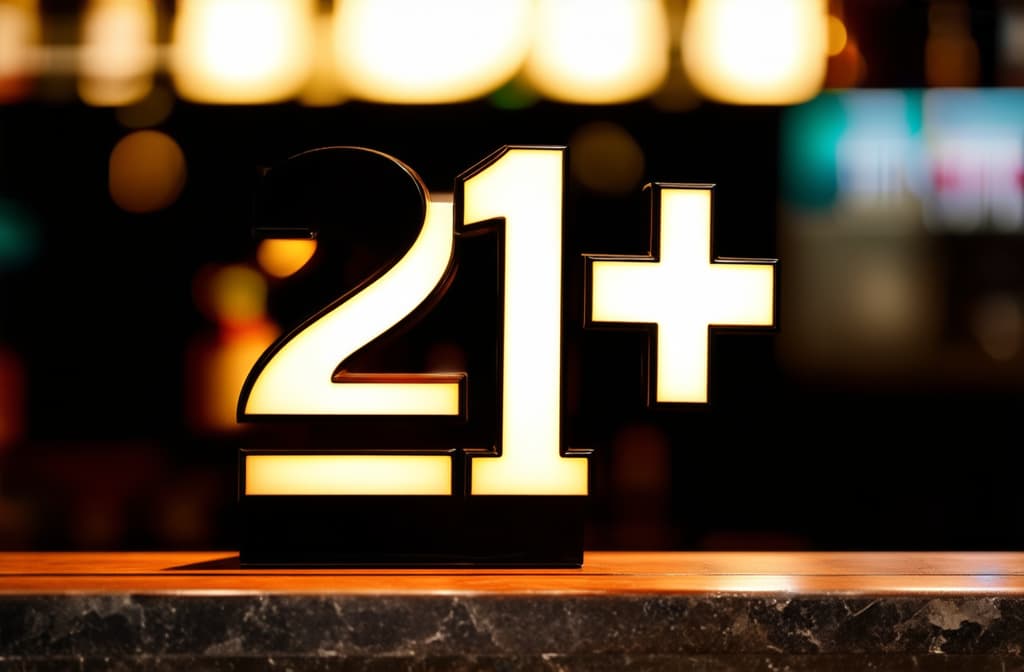  closeup on 3d letters "21+" at bar counter, whiskey bottle blurred in background ar 3:2 {prompt}, maximum details