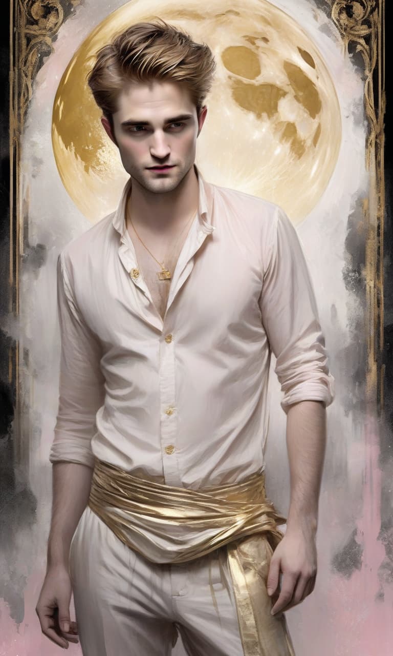  concept art pink, gold, black, white moonlight robert pattinson to the waist behind . digital artwork, illustrative, painterly, matte painting, highly detailed, perfect hands