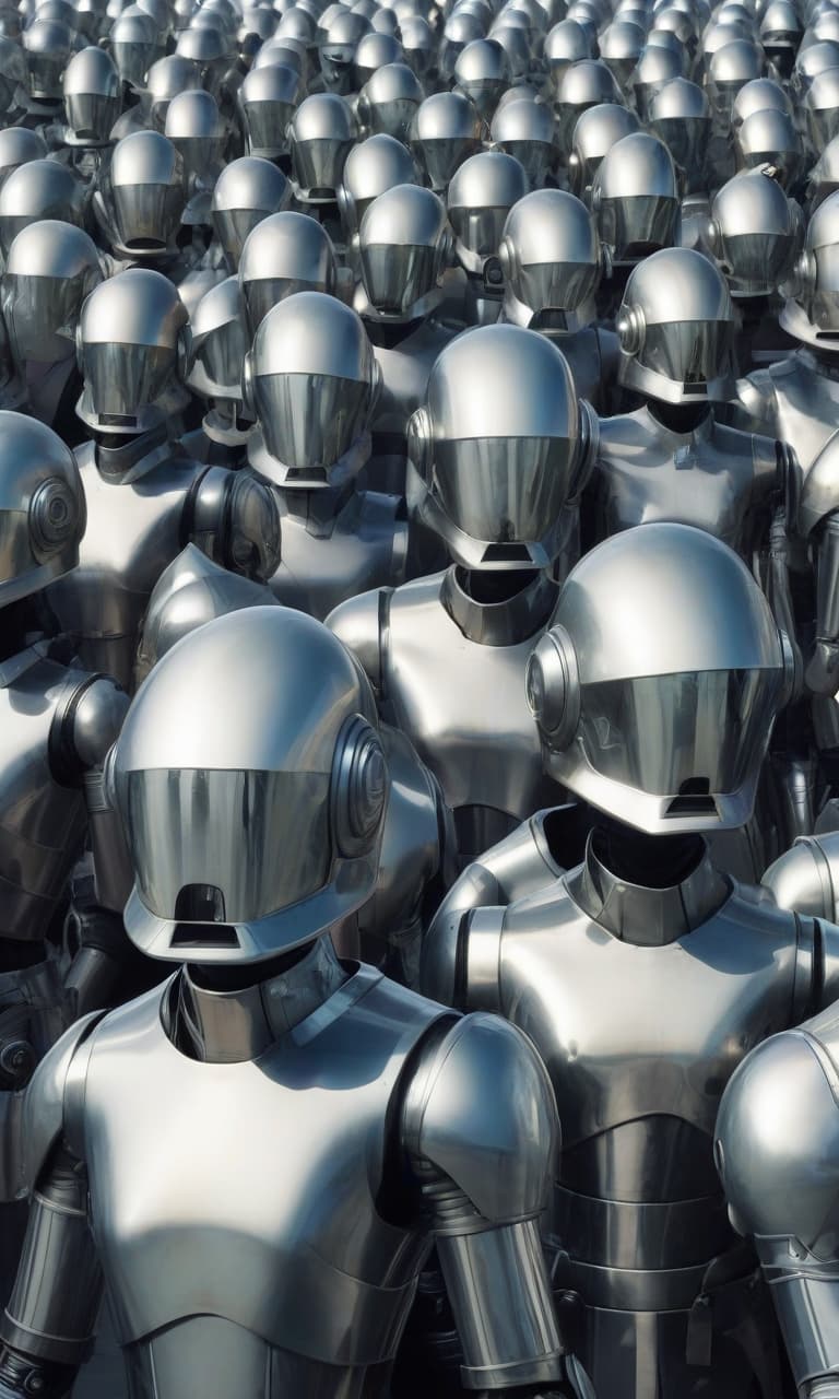  a legion of identical faceless androgynous droids. all dressed in identical jumpsuits with high tech but stylized medieval mirrorscale armor and sleek high tech full face helmets with mirrored visors,