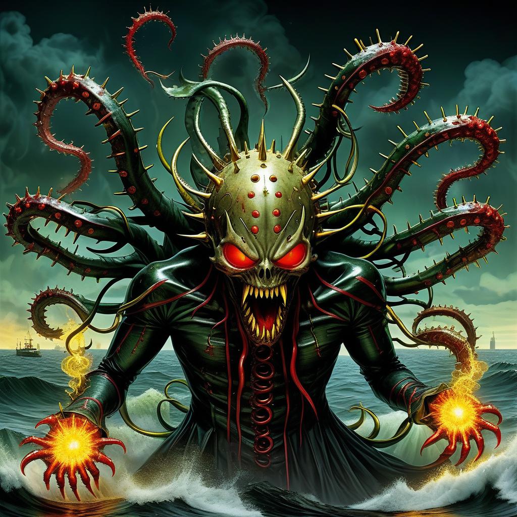  nautical themed the demon ghoul (hellraiser) entangled with tentacles and protruding pins bared the mouths and pours red mucus on the clawed paws. yellow smoke green rings spikes white fire stars and sparks anime horror black drops thorns . sea, ocean, ships, maritime, beach, marine life, highly detailed