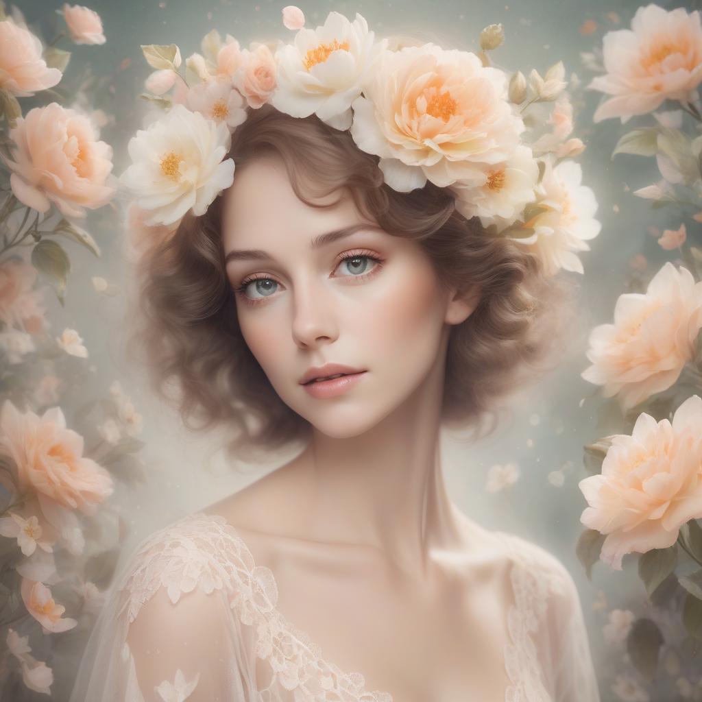  a dreamy portrait of a woman surrounded by a soft floral motif, exuding a serene, ethereal beauty. mrs. robinson, you’re trying to seduce me. aren’t you? portrait of a stunning lady in a serene magical ethereal floral arrangement with soft focus and delicate transparent petals, cream and peach colored lace, a touch of dreamy soft tones, misty background, a perfect masterpiece