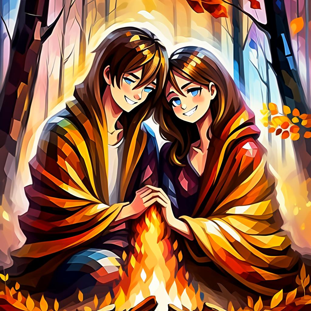  (style of leonid afremov:1.5), two young people in love, wrapped in blankets, sit in front of a fire in an autumn forest, holding hands, epic realism, anime features, dark fantasy, abstract horror, desaturated color palette, gothic and renaissance aesthetic, (happy smiles:1.4 ),