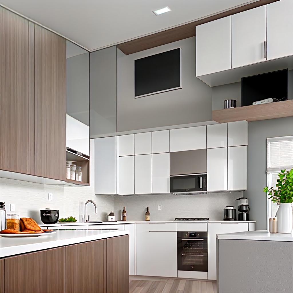  A modern and stylish kitchen interior designed by TuRum, featuring minimalist design with a combination of light and neutral colors (white, gray, wooden tones) and sleek black accents. The kitchen includes built-in appliances like an oven, microwave, and dishwasher, with spacious cabinets and pull-out systems for optimal storage. The countertops are made of high-quality materials, and the layout is either straight or L-shaped to fit small spaces. Additional elements include bottle holders, organizers, railings, and hidden hoods. The overall look is clean, functional, and elegant, with a focus on practicality and ease of maintenance.