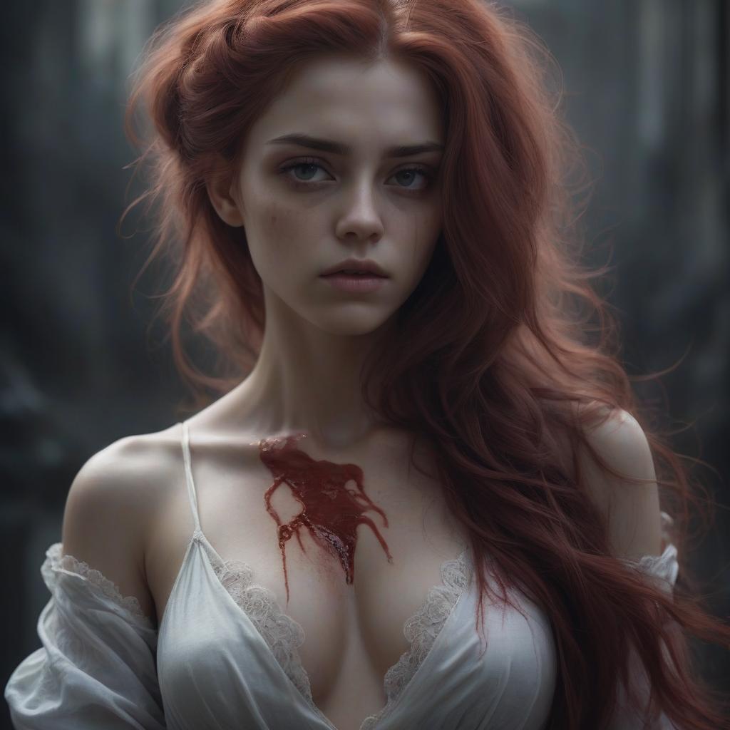  a girl with a brooding look, bloody hair, graceful and beautiful figure, high detail, soft light, artistic style, mysterious atmosphere