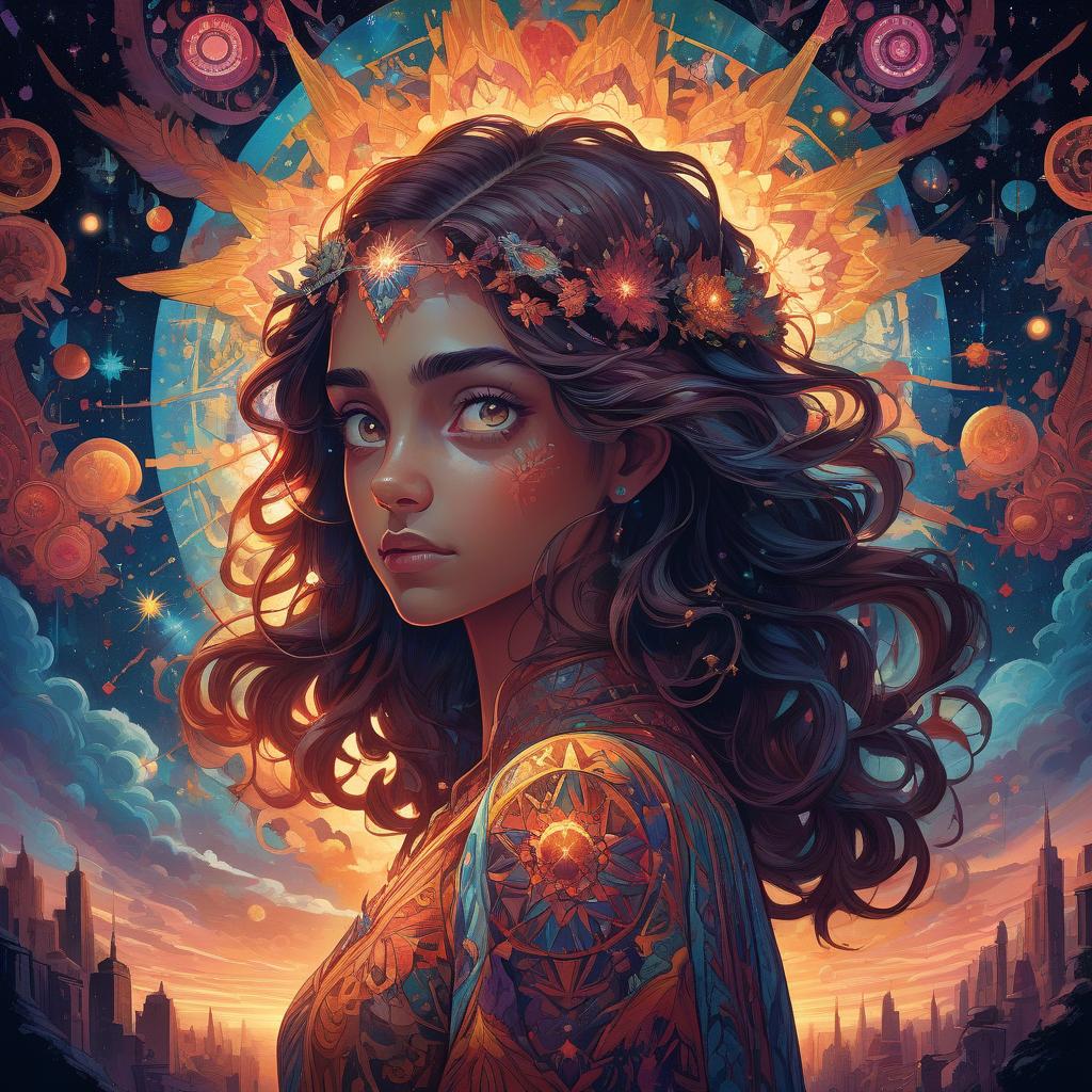  a girl with kaleidoscope eyes, vivid, expressive , centered, symmetry, painted, intricate, volumetric lighting, beautiful, rich deep colors masterpiece, sharp focus, ultra detailed, in the style of dan mumford and marc simonetti, astrophotography