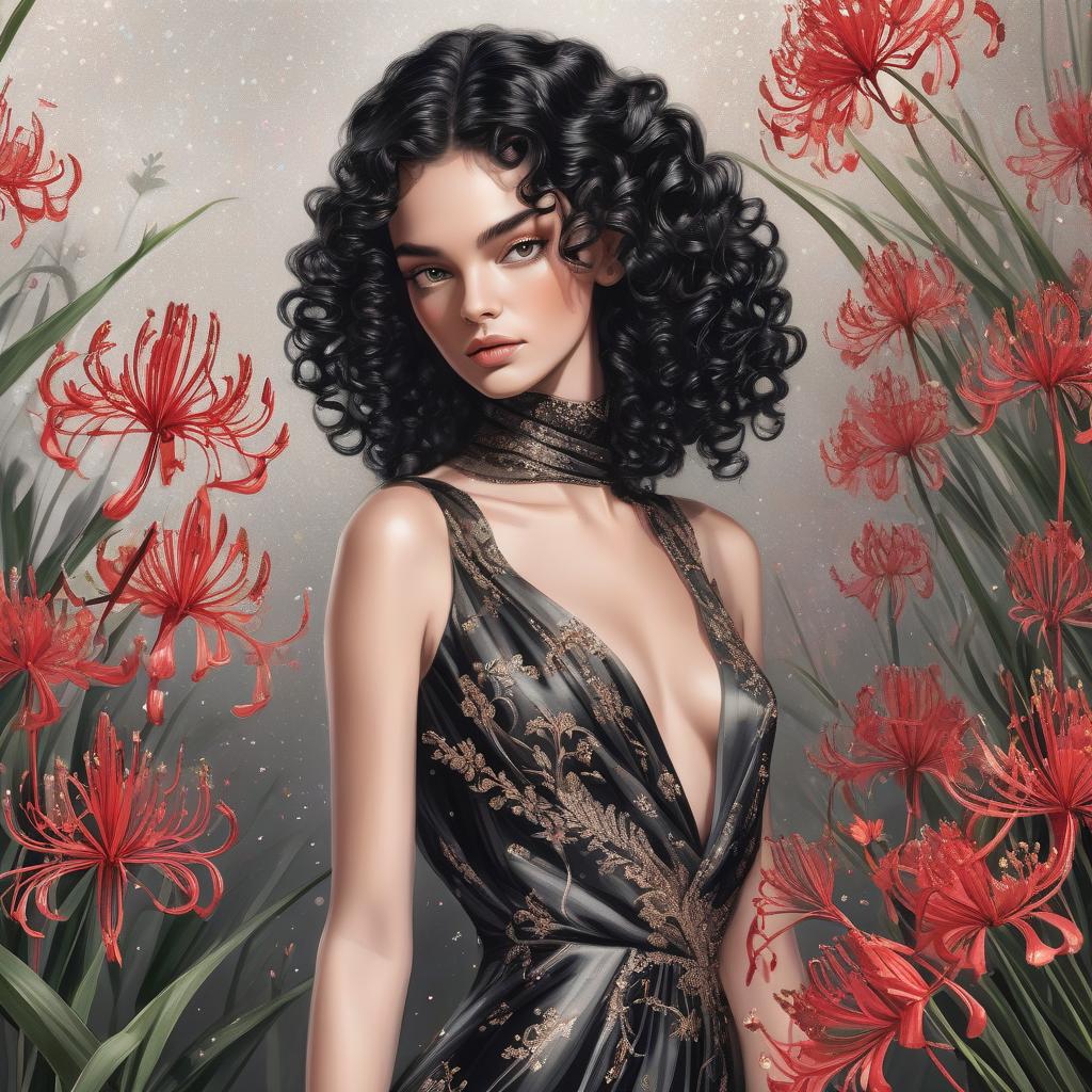  a beautiful girl, long large black curls,a branch of lycoris flowers,glitter, digital painting,fine ink drawing,fashionable vogue cover, botanical,stands realistic in a silk dress,dolce & gabbana, bohemian style,elegant,intriguing,lots of details, photorealism, professional photo,