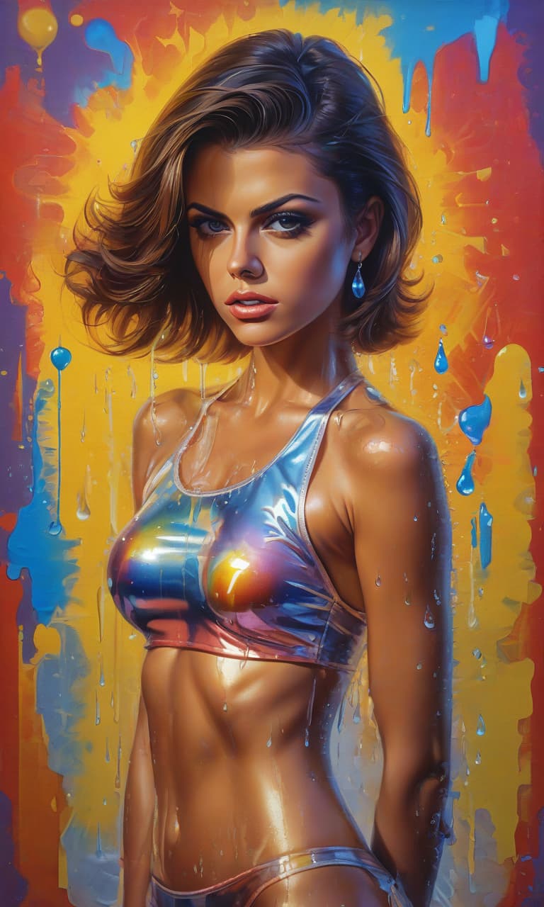  retro game art woman, в полупрозрачном пеньюаре ,transparent,photorealistic. adriana chechik, painting, acrylic, skin glistens with drops of sweat, stands tall, looks into the lens. . 16 bit, vibrant colors, pixelated, nostalgic, charming, fun