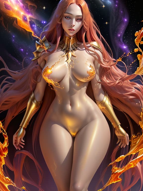  magnificent and attractive full length naked female body. very beautiful face with big eyes, clear light skin, soft leather armor, very long red hair, pinot daeni style. very large with purple eyes, explosion of liquid gold, magic of golden smoke, stardust, golden milky way, black background, magic mist, alcohol ink., (natural skin texture, hyperrealism, soft light, sharp:1.2)