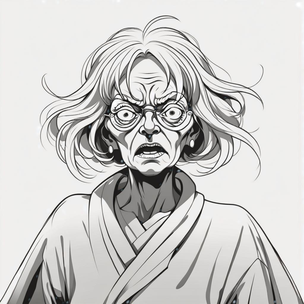  line art drawing old woman one eye horror, battle pose, same nightmare. anime style . professional, sleek, modern, minimalist, graphic, line art, vector graphics