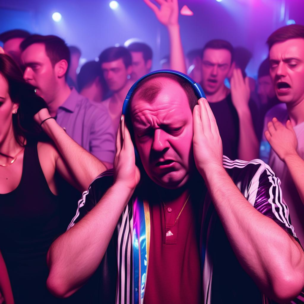  on the dance floor at the disco of social phobias, a very drunk man in adidas covers his ears with his hands while everyone looks at him