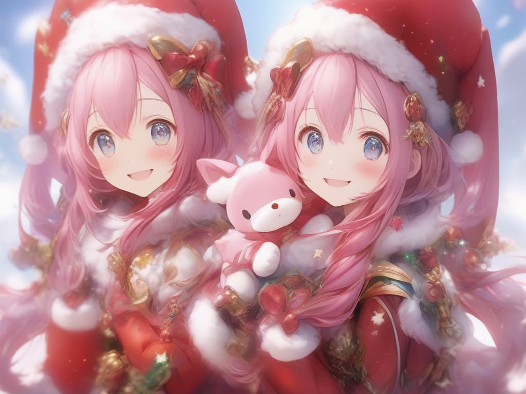  santa cosplay twin tails pink hair color, smile, masterpiece, best quality,8k,ultra detailed,high resolution,an extremely delicate and beautiful,hyper detail