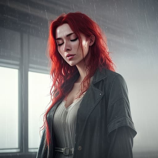  The picture shows a woman with long wet red hair, her hair is short and disheveled, her eyes are closed and her mouth is open as if she is taking a deep breath, freckles. Bottom view. The background is dark blue, it is raining heavily, and the overall atmosphere is magical and calm., shot 35 mm, realism, octane render, 8k, trending on artstation, 35 mm camera, unreal engine, hyper detailed, photo realistic maximum detail, volumetric light, realistic matte painting, hyper photorealistic, trending on artstation, ultra detailed, realistic hyperrealistic, full body, detailed clothing, highly detailed, cinematic lighting, stunningly beautiful, intricate, sharp focus, f/1. 8, 85mm, (centered image composition), (professionally color graded), ((bright soft diffused light)), volumetric fog, trending on instagram, trending on tumblr, HDR 4K, 8K
