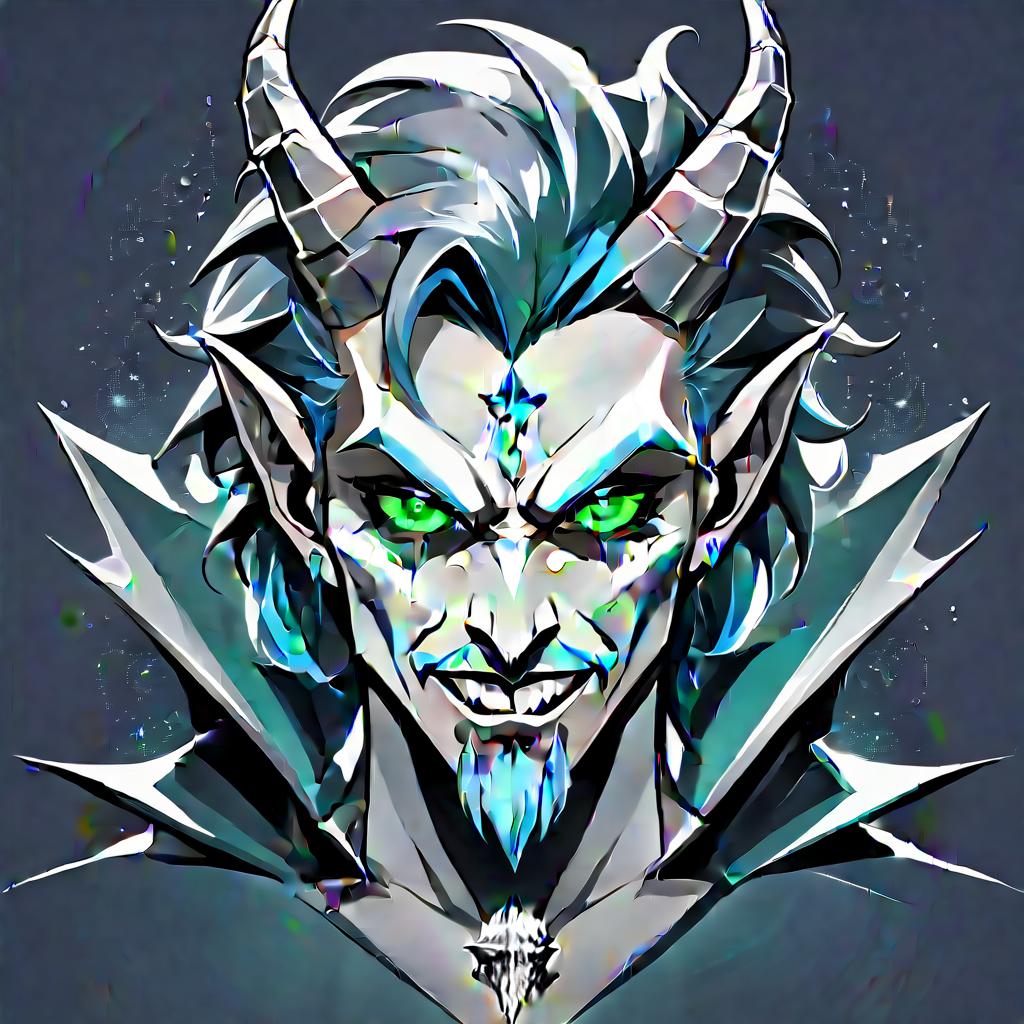  minimalist style diamond devil, portrait. dark green eyes, man. kind. hair gray. with fangs and horns. colors blue, blue, silver . simple, clean, uncluttered, modern, elegant