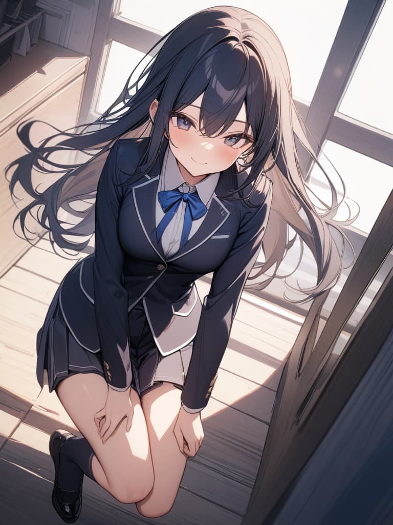  smile girl, dark blue blazer, uniform, mini , long hair, cute, dark blue high socks, masterpieces, fluctuations in the wind, jumping, masterpiece, best quality,8k,ultra detailed,high resolution,an extremely delicate and beautiful,hyper detail