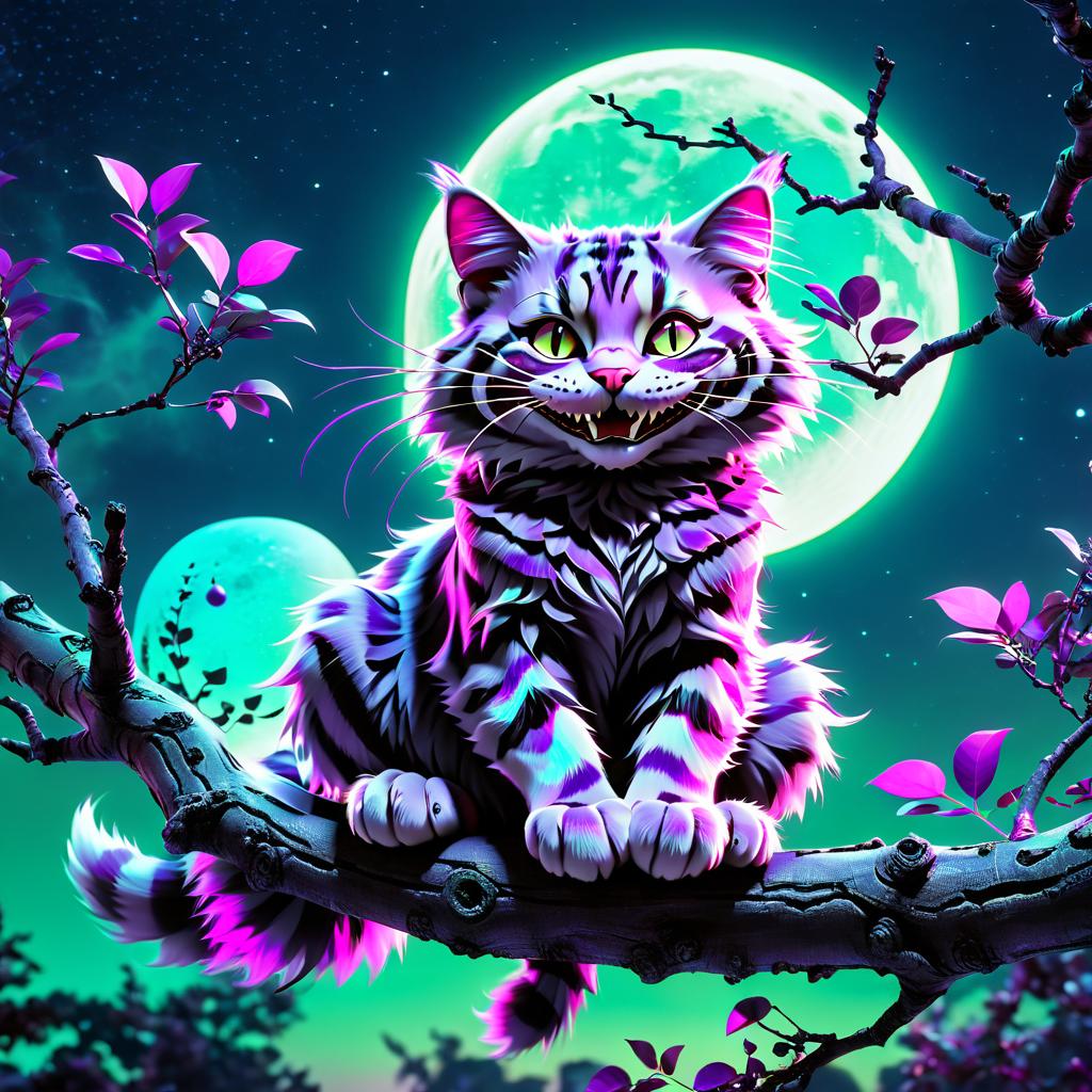  neonpunk style the cheshire cat smiles broadly and sits on a branch, purple black purple green colors, space, moon and planets in the background . cyberpunk, vaporwave, neon, vibes, vibrant, stunningly beautiful, crisp, detailed, sleek, ultramodern, magenta highlights, dark purple shadows, high contrast, cinematic, ultra detailed, intricate, professional, film photography style