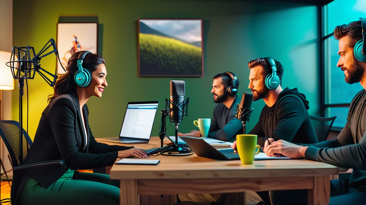  a cozy podcast studio with professional microphones, soundproofing panels, and mixing equipment. include diverse individuals collaborating around a table, taking notes, and editing audio on laptops, surrounded by coffee cups and headphones. hyperrealistic, full body, detailed clothing, highly detailed, cinematic lighting, stunningly beautiful, intricate, sharp focus, f/1. 8, 85mm, (centered image composition), (professionally color graded), ((bright soft diffused light)), volumetric fog, trending on instagram, trending on tumblr, HDR 4K, 8K